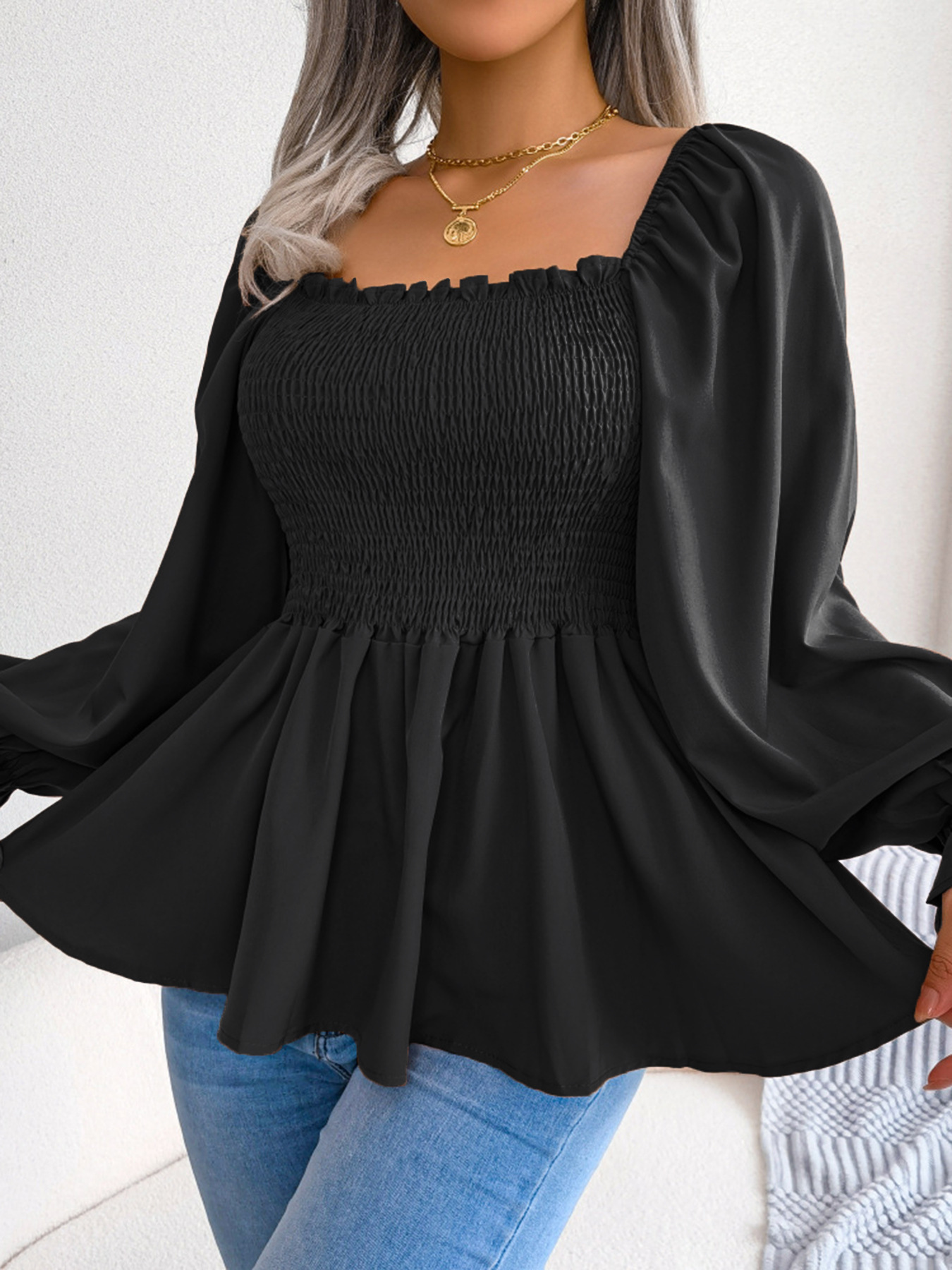 Otoño y invierno europeos y estadounidenses ropa de mujer de tamaño grande cuello cuadrado camiseta de chiffon de manga larga de estilo casual Halloween uso diario