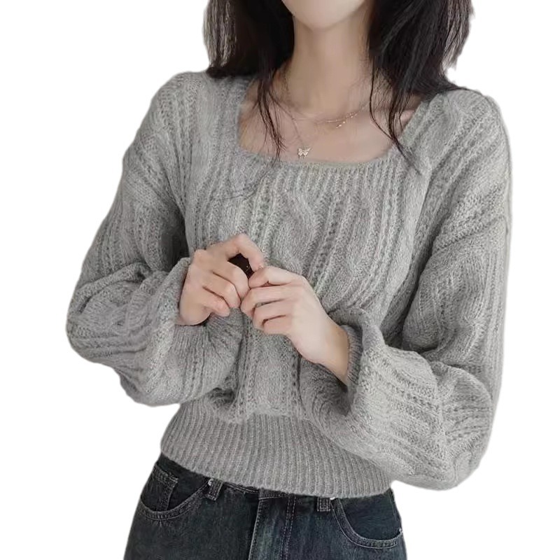 Coreano retro torcido cuello cuadrado hoodie de manga larga suéter de mujeres otoño y invierno nuevo suelto corto perezoso chaqueta de punto image 6