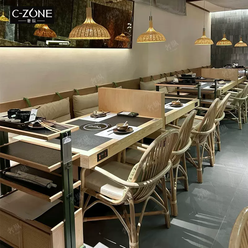 山野风火锅桌椅实木岩板电磁炉一体桌田园风无烟净化烤肉桌椅组合