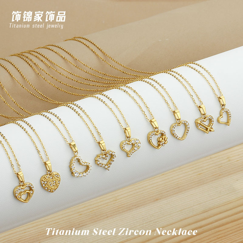 European and American Titanium Steel Heart-Shaped Love Necklace for Women, High-End Versatile Zircon-Encrusted Stainless Steel Clavicle Chain Pendant Accessory