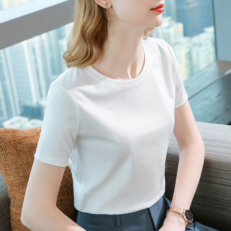 コットン半袖Tシャツレディース2025年夏新作ラウンドネックバーガンディスリムフィットシャツトップ|undefined