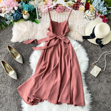 连衣裙2021新款 条纹显瘦高腰绑带口袋A字吊带连衣裙度假中长裙