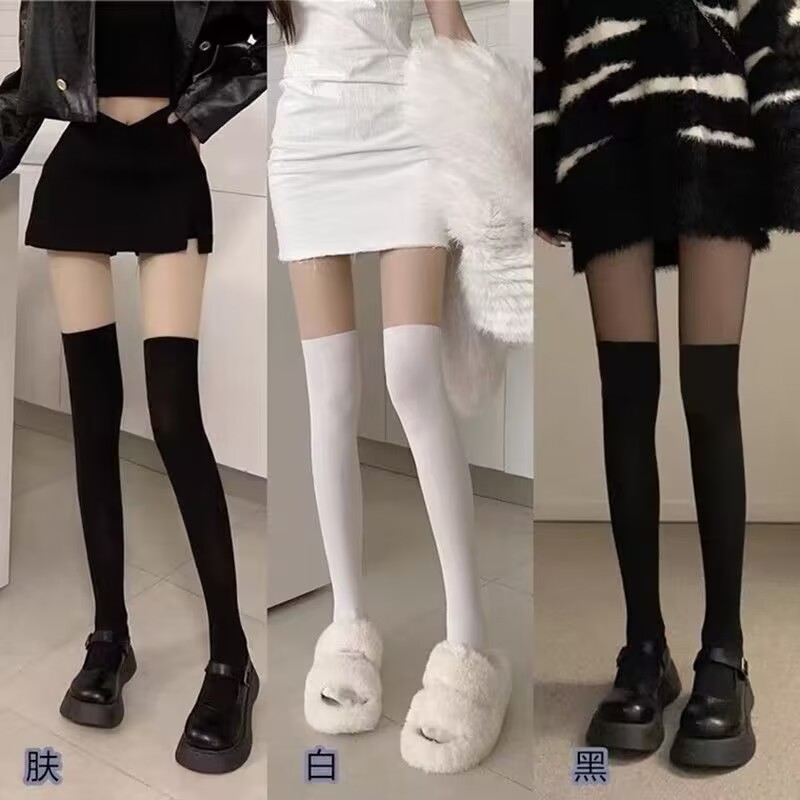 Fake thigh socks knee-length fake tall leg stitching base socks jk black stockings Japanese white pantyhose women