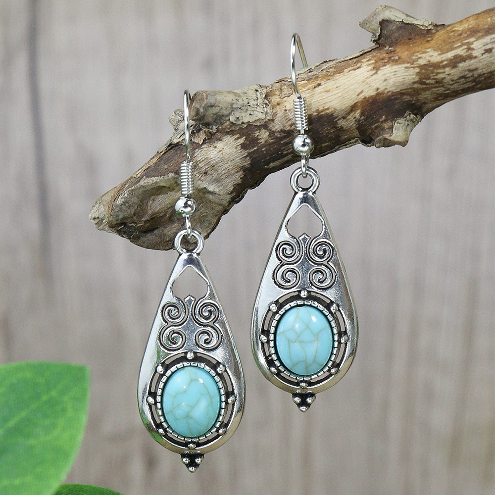 1 Pair Ethnic Style Round Inlay Alloy Turquoise Drop Earrings display picture 3