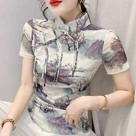 中国风山水画印花上衣大码胖MM风景流苏盘扣t恤欧货复古工厂批发