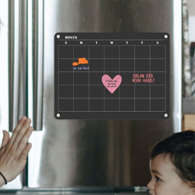 Imán de nevera de acrílico negro Tablero de calendario para el hogar Tablero de borrado en seco magnético Tablero de notas de mensaje magnético Tablero de exhibición colgante