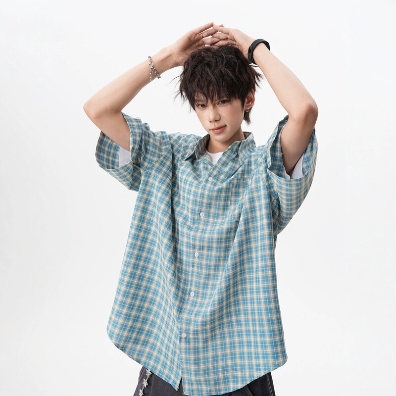 Salt Blue Plaid Polo Collar Shirt for Men, Summer Miu Style Sunshine Shirt, Short-Sleeve Loose Half-Sleeve Shirt Salt Blue Plaid Polo Collar Shirt for Men, Summer Miu Style Sunshine Shirt, Short-Sleeve Loose Half-Sleeve Shirt
