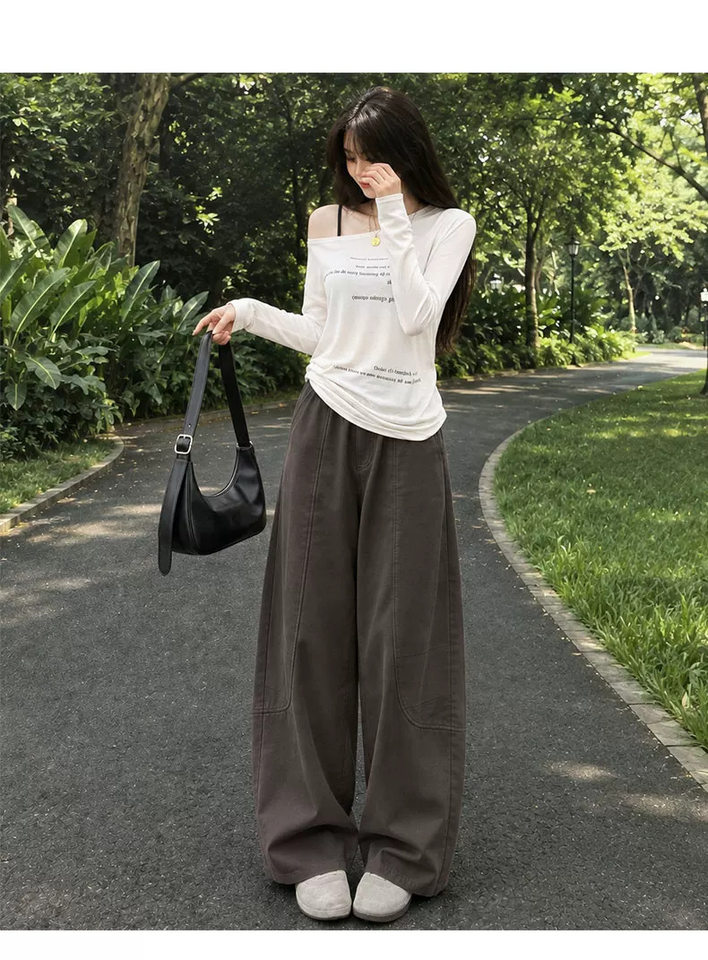 Quần ống rộng nữ cạp cao dáng suông thoải mái phong cách thường ngày — Kaki [Kiểu thông thường], Kaki [dành cho người cao], Kaki [dành cho người nhỏ nhắn], Màu xám nâu [dành cho người cao] chi tiết 11