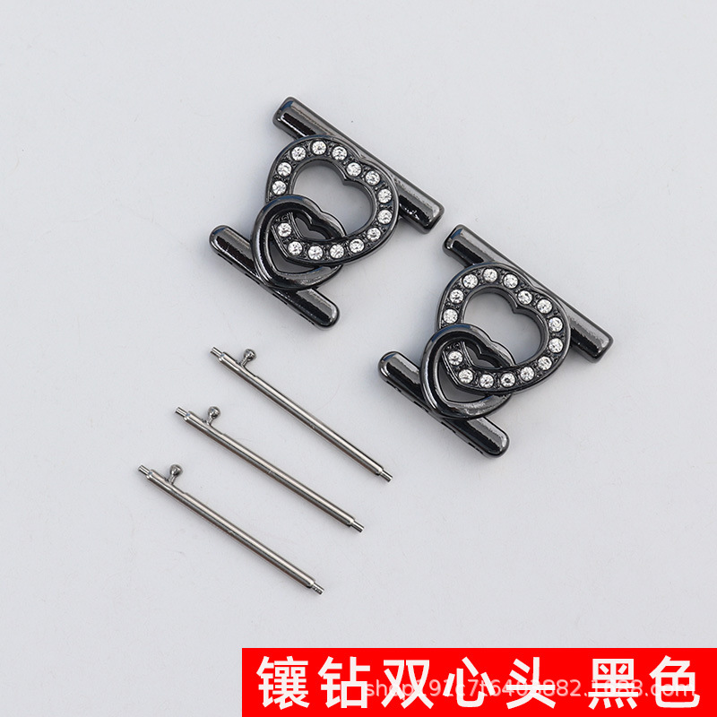 Khóa đôi trái tim đính cườm mới màu đen / Giao diện 18mm (kèm kim tháo nhanh)
