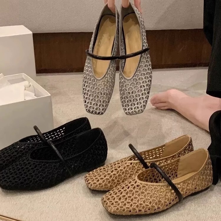 Cross-Border Foreign Trade Retro Woven Roman Small Square Toe Shallow Mouth Shoes for Women New Style One-Line Hollow Commuting Flat Shoes