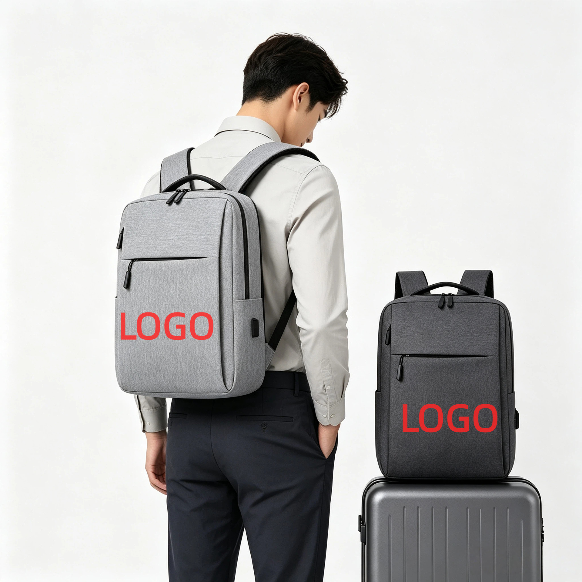 Custom logo solid color backpack for men, business laptop bag with USB charging port