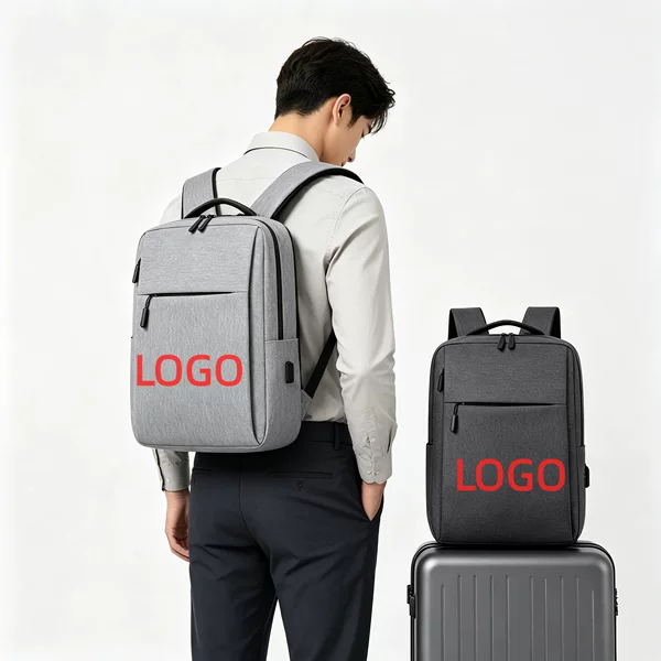 Custom logo solid color backpack for men, business laptop bag with USB charging port