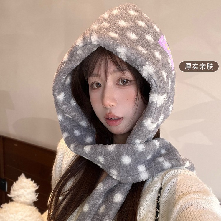 韩版可爱波点连帽围巾一体女冬季保暖加厚防寒护耳包头帽针织帽潮|undefined