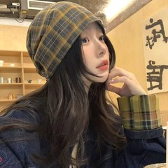 双面可带堆堆帽女秋冬季新复古格纹头巾帽显脸小包头帽保暖冷帽潮