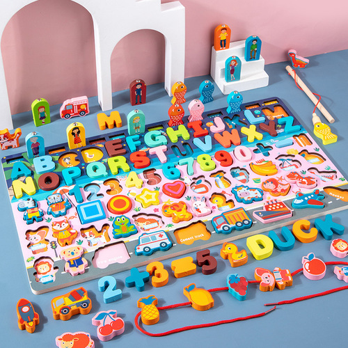 Magnetic fishing multifunctional logarithm board cognitive kindergarten children early education wooden puzzle puzzle board string bead toy