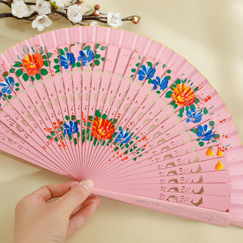 Double-sided painted wooden foldable round fan, classic cheongsam, Spain