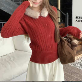 新年红色可拆卸毛领套头麻花毛衣女秋冬加厚保暖慵懒风针织衫上衣