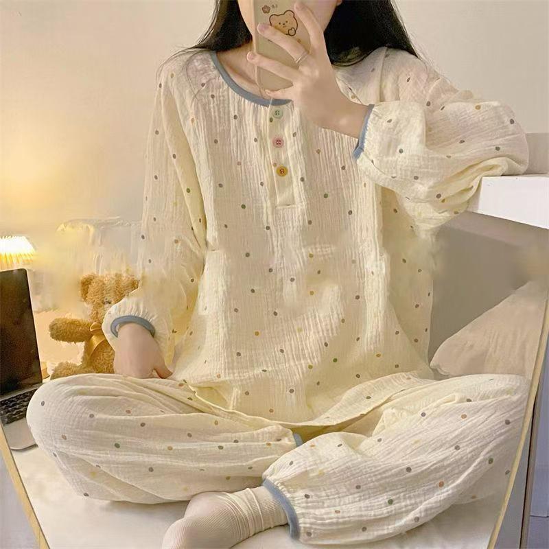 ins甜美可爱彩色波点睡衣女春秋新款外穿长袖长裤洋气居家服套装|undefined