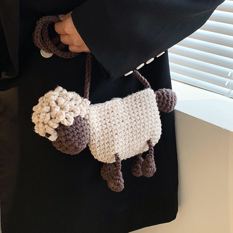 Nieuw, handgehaakt wollen product, schattige telefoontas voor dames met cartoon schaapjes, casual en veelzijdige schoudertas._voghion.com
