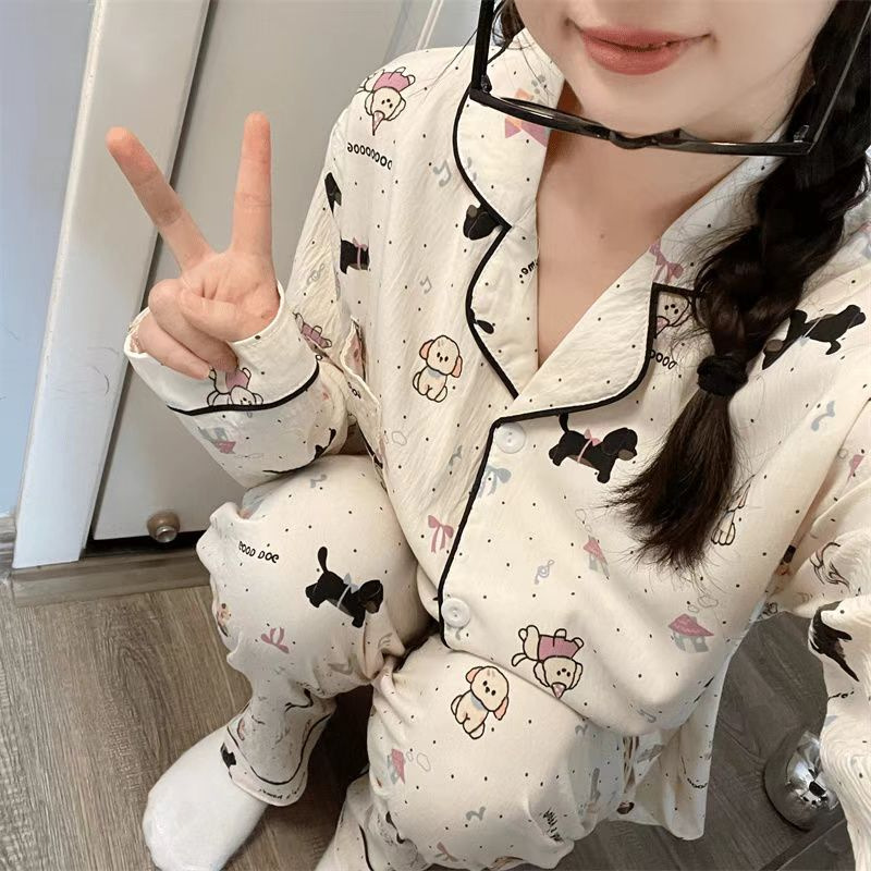 Nube de algodón, pijamas de perro manchado, mujeres, otoño y primavera, nuevos pantalones de manga larga transfronterizos, mujeres lindas, ropa para el hogar.