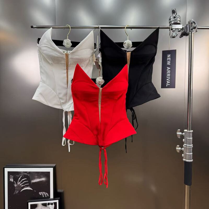 Spring 2026 Three-Dimensional Triangular Design Patchwork Hollow-Out Lace-Up Waist-Cinching Unique Style Chic Tube Top