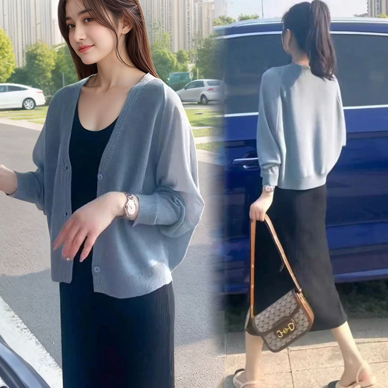 Ice Silk Thin Long-Sleeved Knitted Cardigan for Women Summer New Outer Wear Large Size Loose Small Short Shawl Top