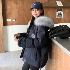 2025超大真毛领连帽工装派克服羽绒服女冬季加厚短款外套新国标90