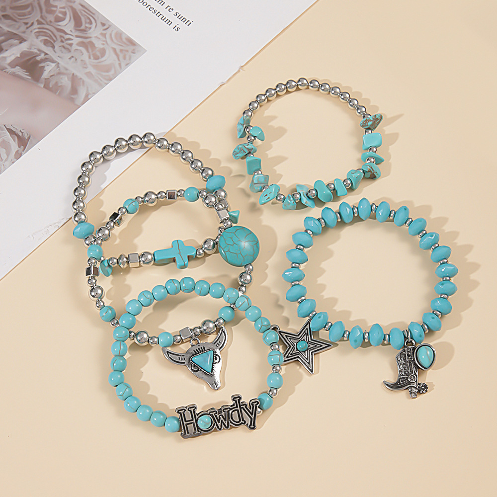 49g Weight Alloy Pendant Material Bracelets Classification Beaded, Turquoise Chain Material 1 Set Quantity Daily Occasion Beaded, Alloy, turquoise Material Cross, Cattle, Boots Pattern Women's Gender Retro Style Retro Cross Cattle Boots Beaded Alloy Turquoise  Beaded Bracelets Wholesale 13