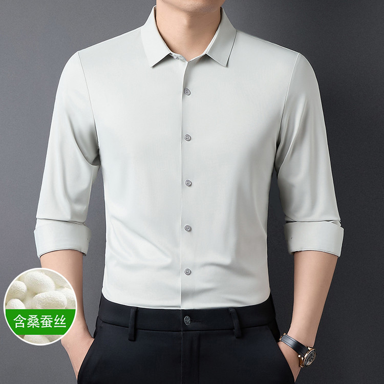 Light Luxury High-End Thin Silk Long-Sleeve Shirt for Men, Spring and Autumn Casual Solid Color Stretch Anti-Wrinkle Non-Iron Shirt