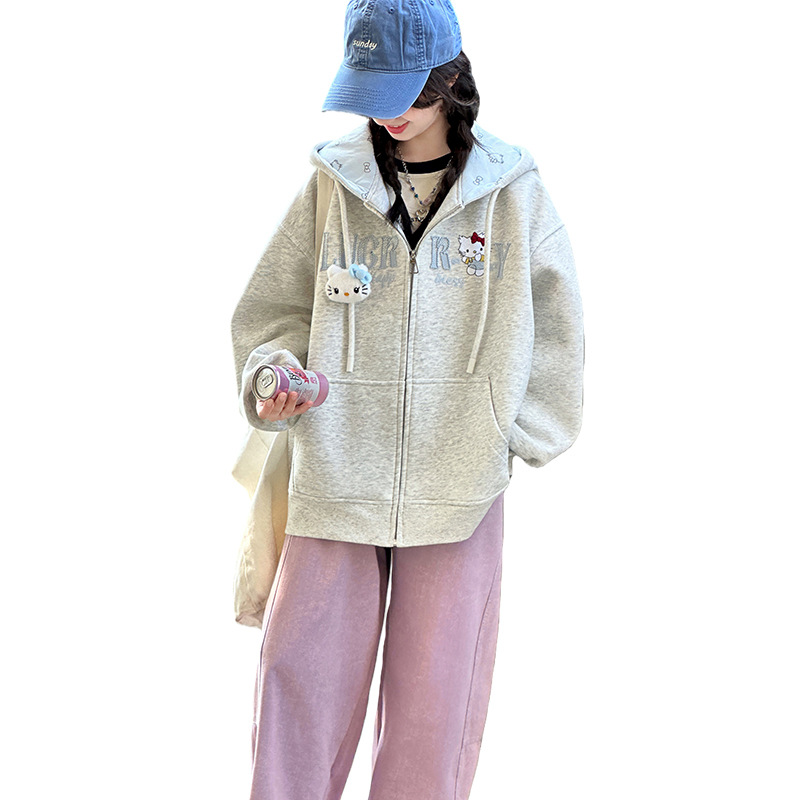 中大童装女孩连帽卫衣外套春秋季女童装卡通印花宽松新款拉链开衫