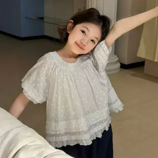 女童短袖t恤儿童夏装2026新款时尚白色波点法式衣服洋气时髦上衣1