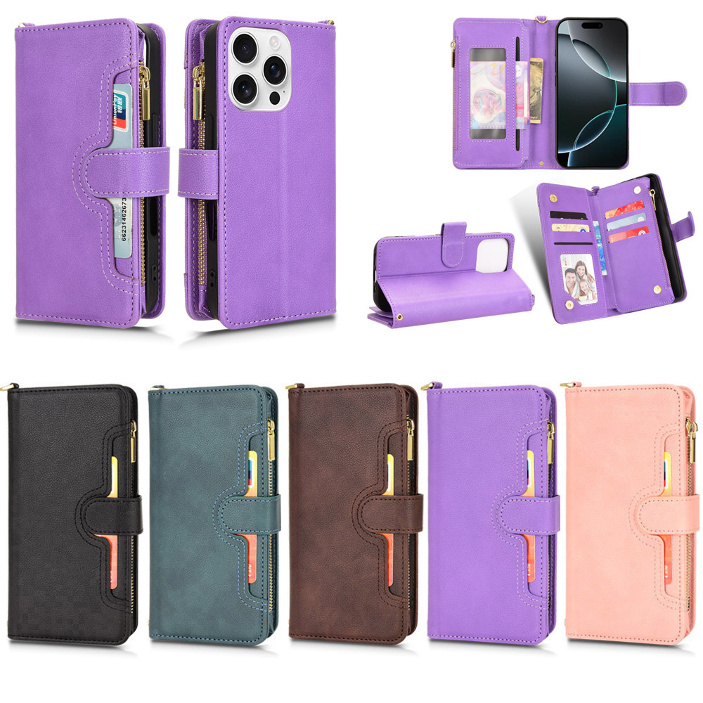 外贸适用iPhone16PROMAX翻盖拉链皮套三星S24U插卡钱包支架手机壳