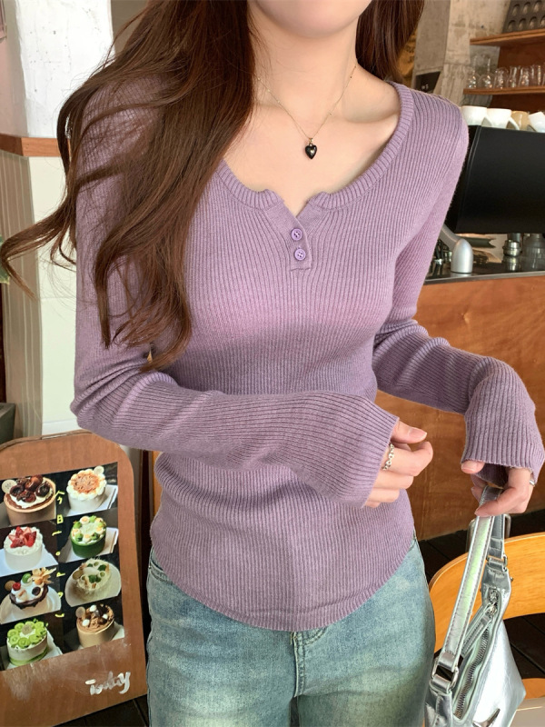 韩版修身圆领纽扣设计长袖针织衫女秋季2025新款纯色毛衣打底上衣|undefined