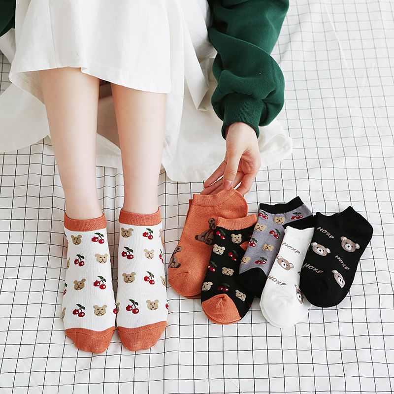 春夏新品袜子女韩版可爱卡通小熊女士船袜透气学生低帮女袜棉短袜