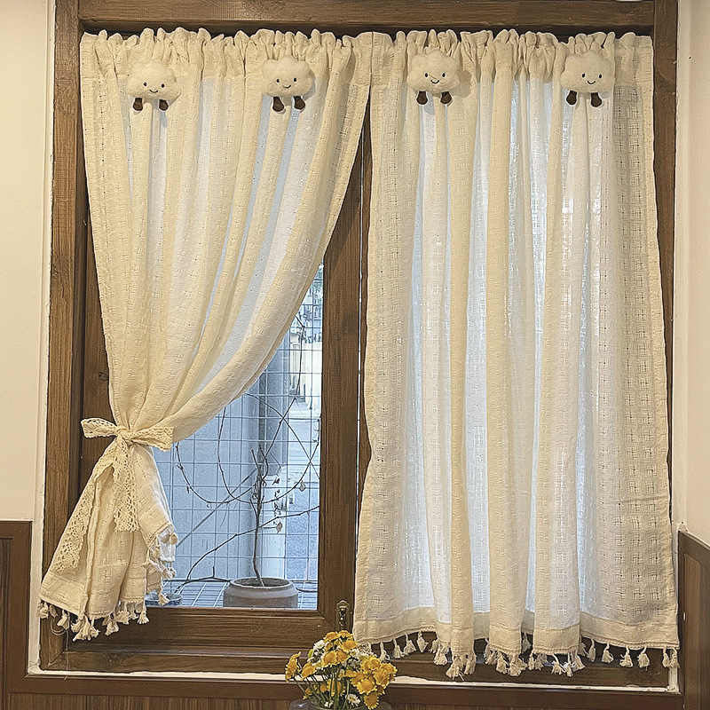 French-Style Tassel Sheer Curtain for Bay Window, Small Window Short Curtain, No-Drill Kitchen Partition Door Curtain, Half Curtain for Covering and Shading French-Style Tassel Sheer Curtain for Bay Window, Small Window Short Curtain, No-Drill Kitchen Partition Door Curtain, Half Curtain for Covering and Shading