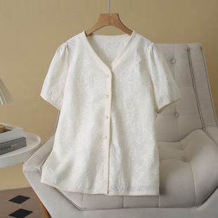 2025 Summer plus size Embroidered Shirt Short-sleeved Women's Cotton Lining Slimming V-neck Cardigan Chanel Style Fat Girl Shirt 2501