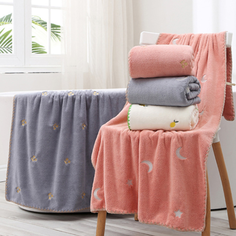 Embroidered coral fleece towel set baby thickened absorbent high density coral fleece bath towel set hand gift wholesale