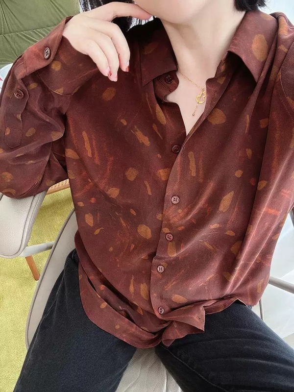 南油批发新款法式慵懒感暖调诗意晕染印花棠梨棕翻领真丝长袖衬衫|undefined
