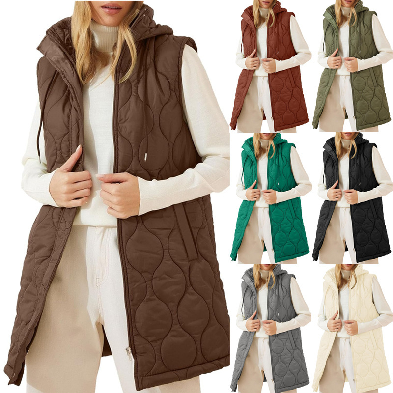 2025 Amazon European and American Autumn and Winter Long down Vest Women's Sleeveless Hooded Jacket Lightweight Quilted Jacket