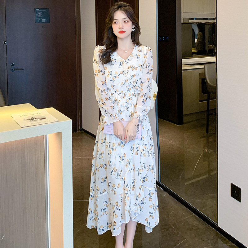 长袖雪纺碎花连衣裙女2025秋季新款脚踝仙气森系气质长款仙女裙子|undefined