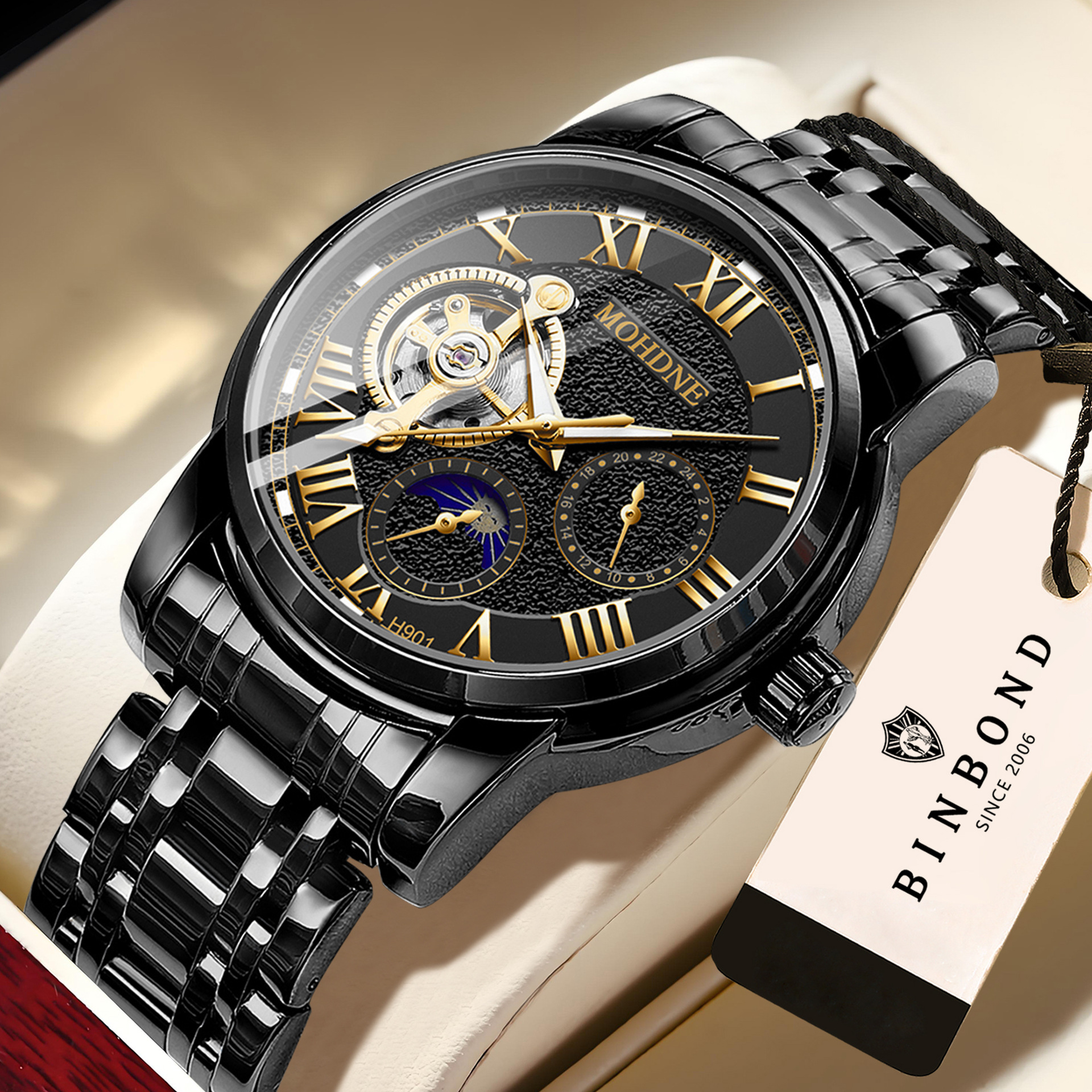 Modun Mechanical Watch Men's Casual Business Tourbillon Hollow Fully Automatic Waterproof Multi-Functional Fashion Blue Light Screen