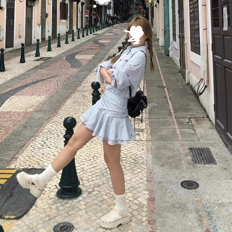 French-Style Miu Series College-Style Dress for Women, Spring 2025 New Model, Waist-Cinching Blue Striped Shirt Short Dress