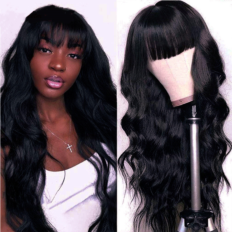 Cross-border fashion hot girl long curly hair neat bangs wig women's red brown micro-curly face Amazon fake head cover