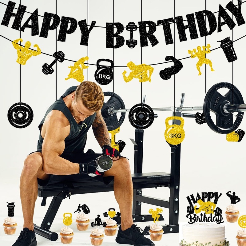跨境健身主题生日装饰横幅 黑金健身房吊饰生日派对装饰拉旗拉花|undefined