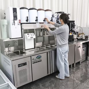 奶茶店设备全套冷藏工作台冰柜饮品店操作台水吧台商用带水池一体-阿里巴巴