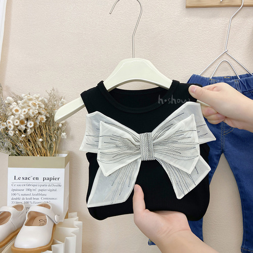 Korean style children's clothing summer new style girls fashion big bow knitted foreign style versatile sweet vest top 0082