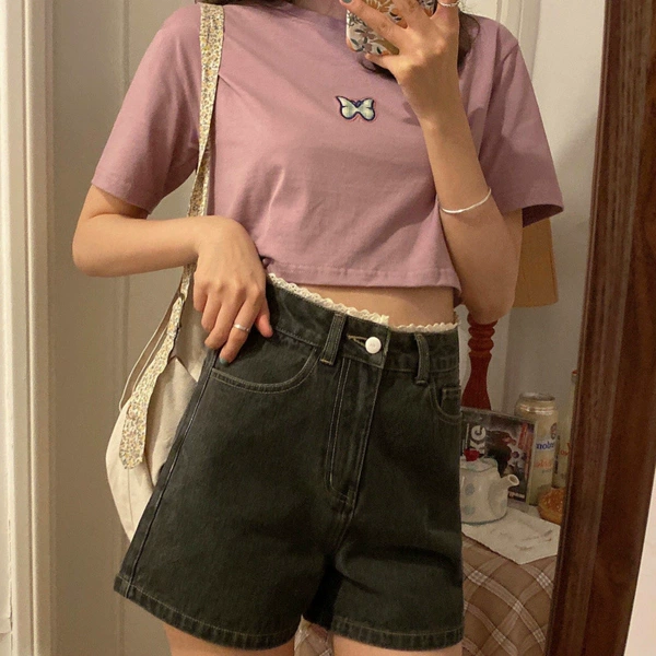 Black lace denim skirt, shorts