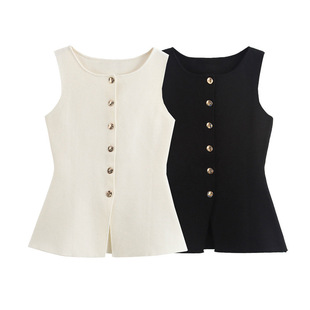 Foreign trade list! New European and American style women's fashion temperament round neck sleeveless single breasted solid color knitted vest