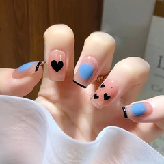 French fresh black heart blue gradient nail art wearable nail stickers reusable fake nail decals finished product