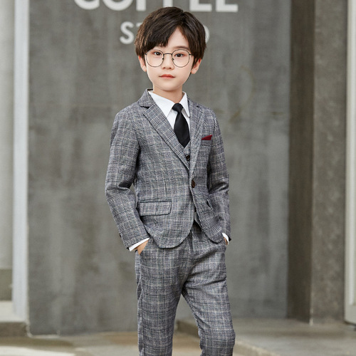 Children's autumn clothing suit new boy's small suit performance boy's gray plaid plus velvet thickened suit one piece on behalf of